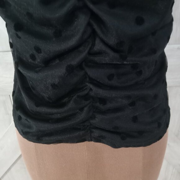 AMBIANCE-NWT Black Sheer Lace Polka Dot Puff Sleeve Elegant Mesh Top-Size-M - Picture 6 of 12